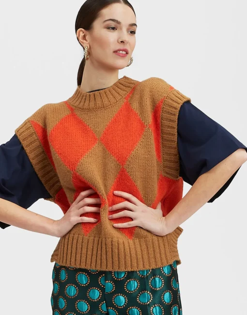 Argyle GiletCamel / Orange in Wool