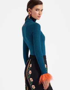 High Kick TopBlue in Ribbed Silk Cashmere With Feathers