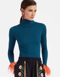 High Kick TopBlue in Ribbed Silk Cashmere With Feathers