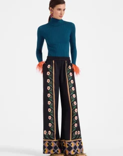 High Kick TopBlue in Ribbed Silk Cashmere With Feathers