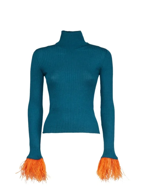High Kick TopBlue in Ribbed Silk Cashmere With Feathers