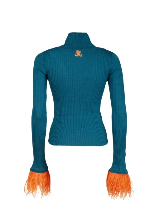 High Kick TopBlue in Ribbed Silk Cashmere With Feathers