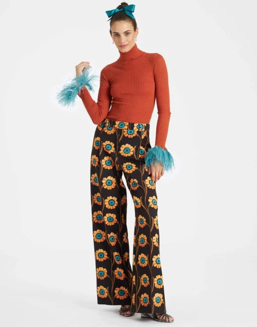 High Kick TopOrange in Ribbed Silk Cashmere With Feathers