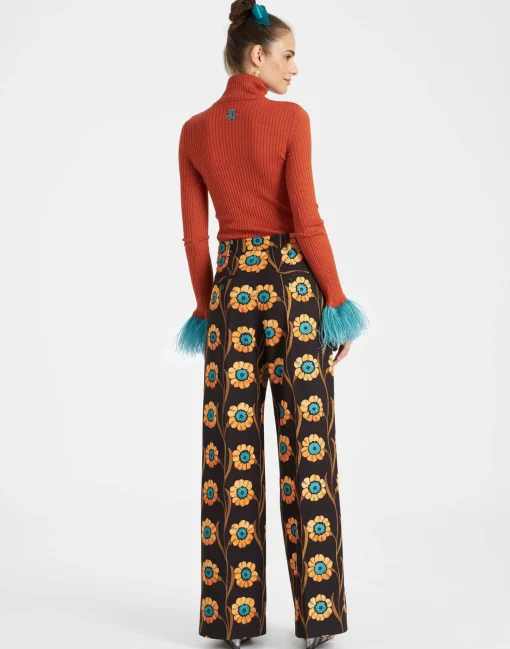 High Kick TopOrange in Ribbed Silk Cashmere With Feathers