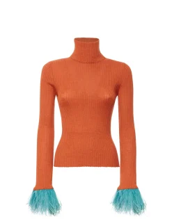 High Kick TopOrange in Ribbed Silk Cashmere With Feathers