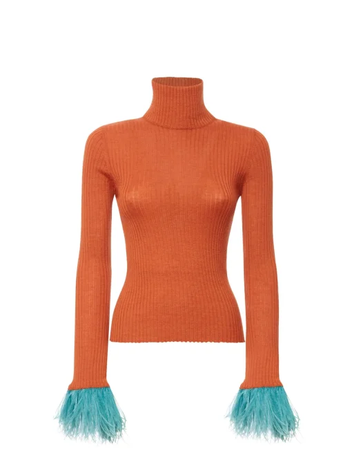 High Kick TopOrange in Ribbed Silk Cashmere With Feathers