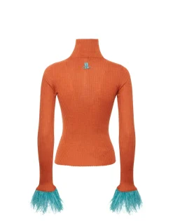 High Kick TopOrange in Ribbed Silk Cashmere With Feathers