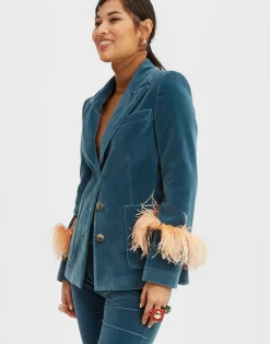 Keaton JacketLight Blue in Velvet With Feathers