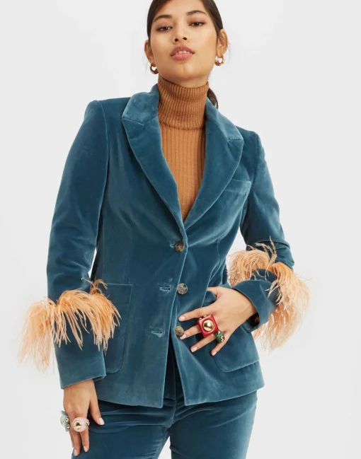 Keaton JacketLight Blue in Velvet With Feathers