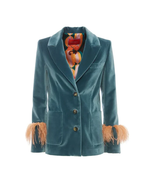 Keaton JacketLight Blue in Velvet With Feathers