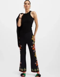 Stretch PantsFolk Flowers Nero Placée in Viscose Jersey